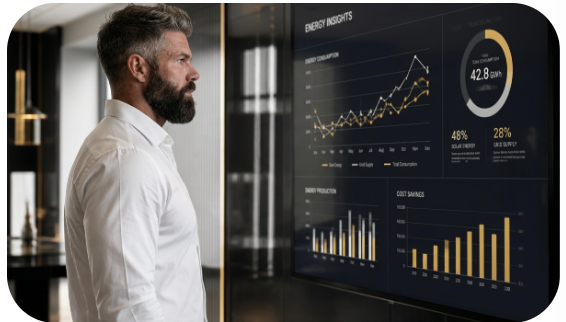 Tableau de bord Energy Insights affichant consommation, production et économies