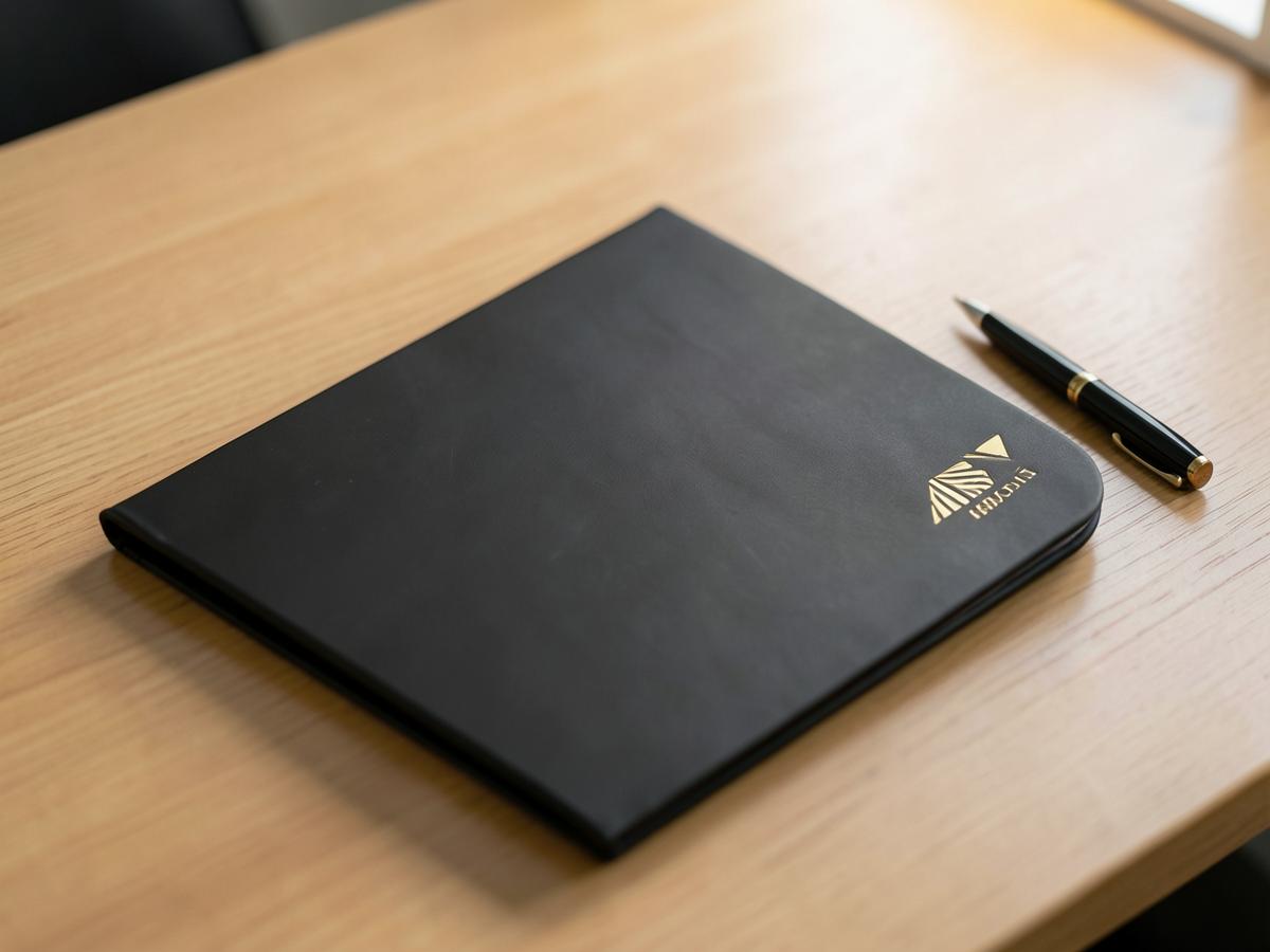 Dossier de conseil haut de gamme posé sur un bureau en bois clair