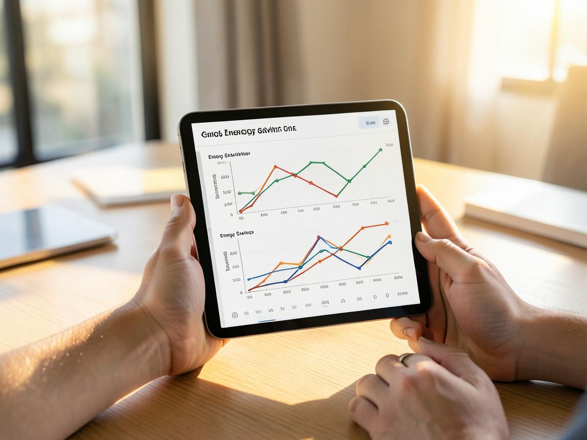 Tablette affichant des graphiques et projections d'économies d'énergie