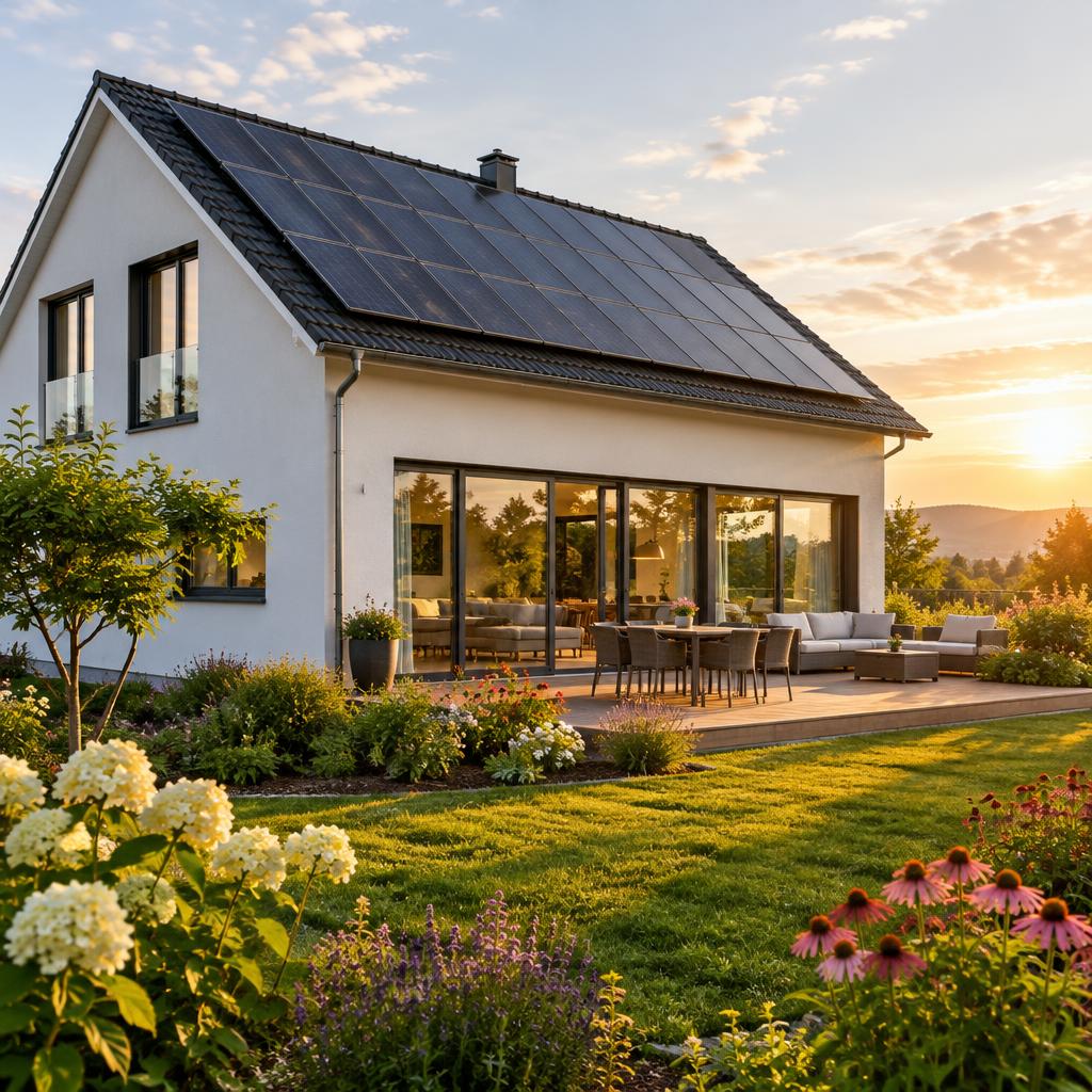 Maison avec panneaux solaires sur la toiture et jardin fleuri (illustration)