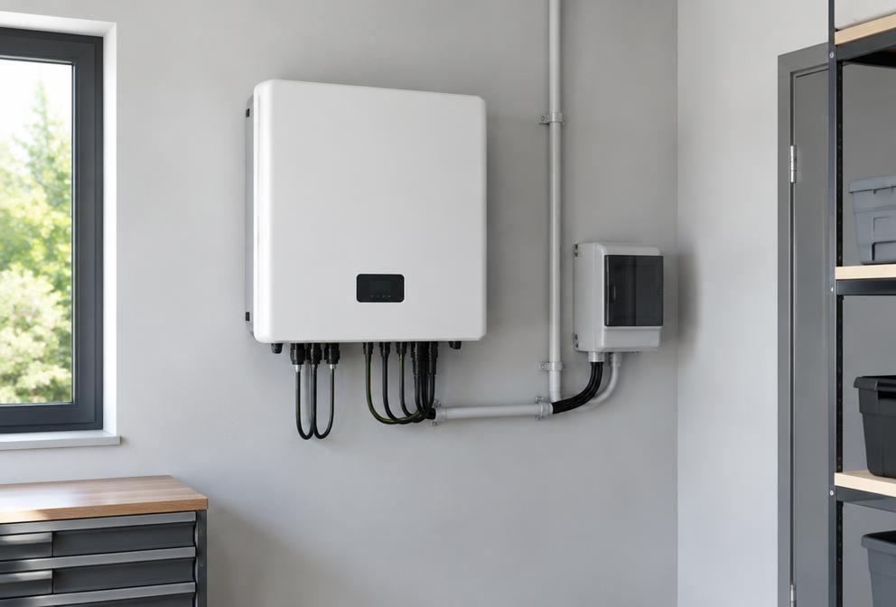 Onduleur solaire fixé au mur d’un local technique