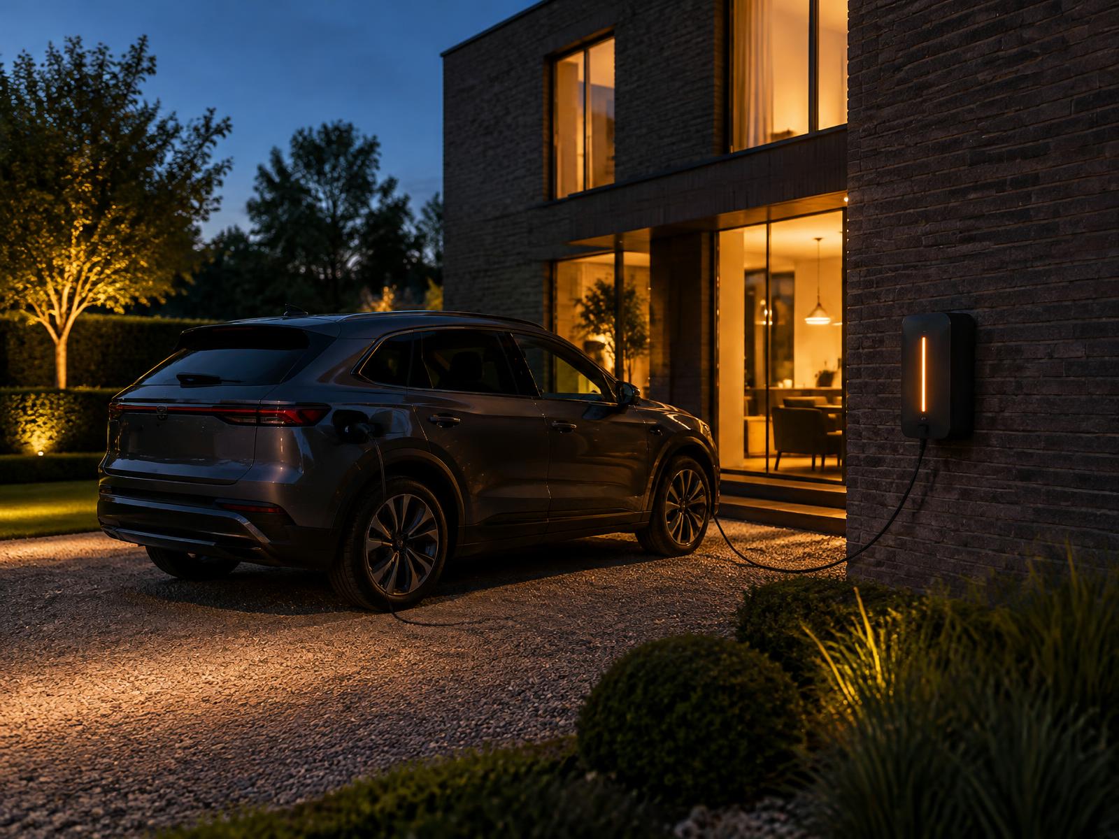 Maison contemporaine au crépuscule avec un véhicule électrique en charge sur une borne murale