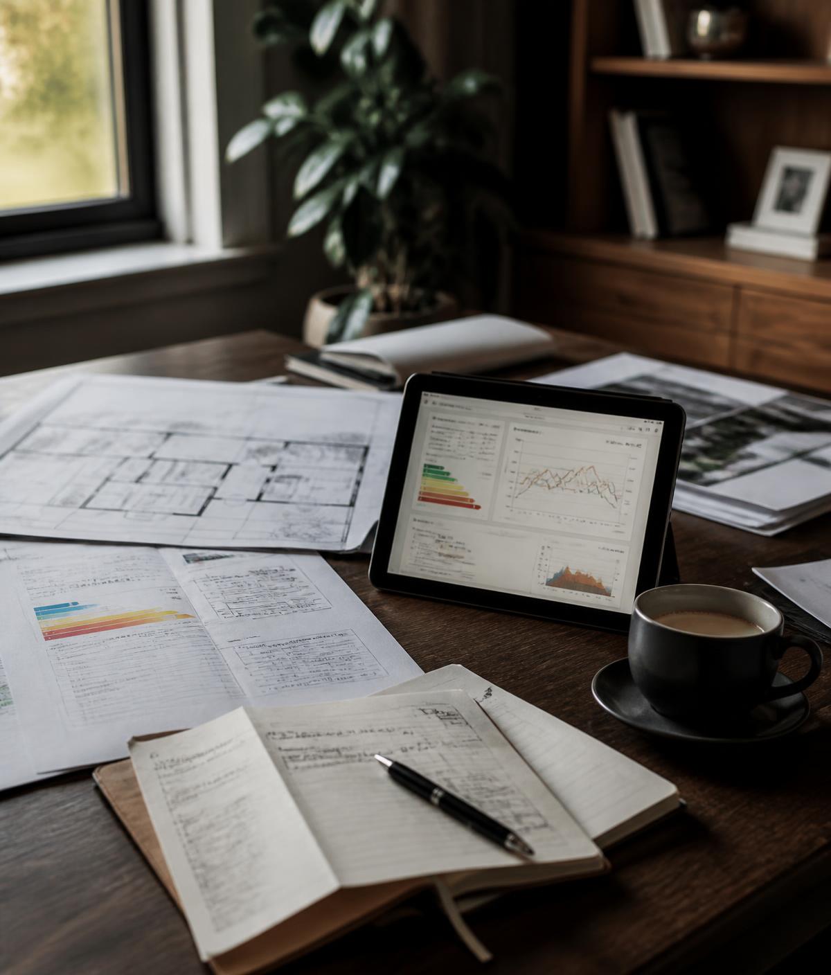 Table en bois haut de gamme avec plans de maison ouverts, analyses énergétiques imprimées, tablette affichant des simulations, carnet de notes manuscrites, stylo et tasse de café dans un bureau à la lumière naturelle chaude
