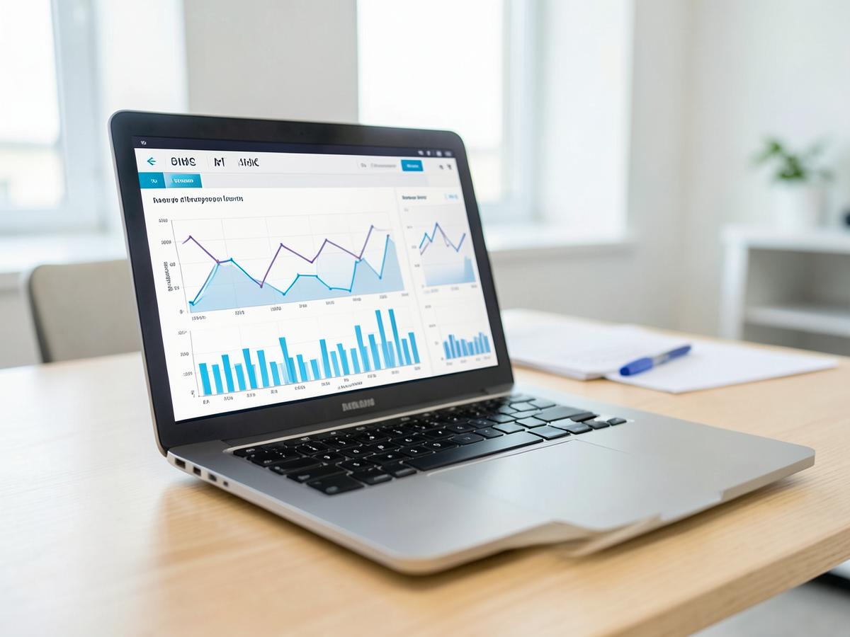 Ordinateur portable affichant des graphiques financiers sur un bureau clair