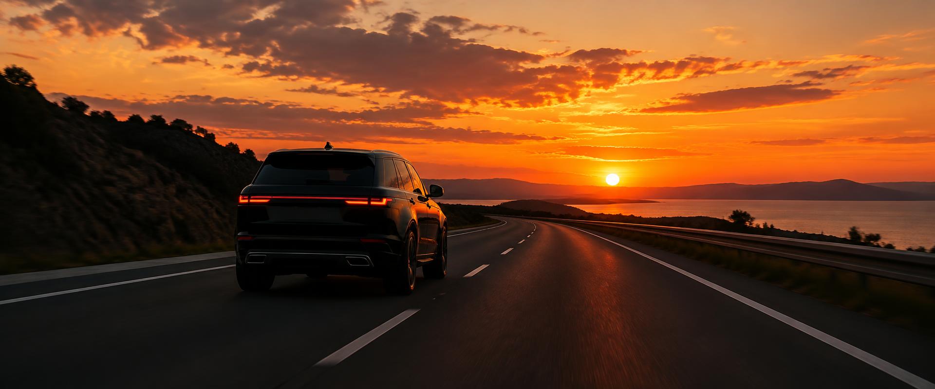 Véhicule sur la route au coucher du soleil