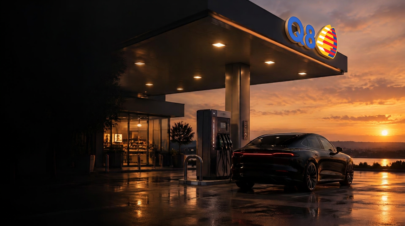 Station Q8 au coucher du soleil avec un véhicule premium