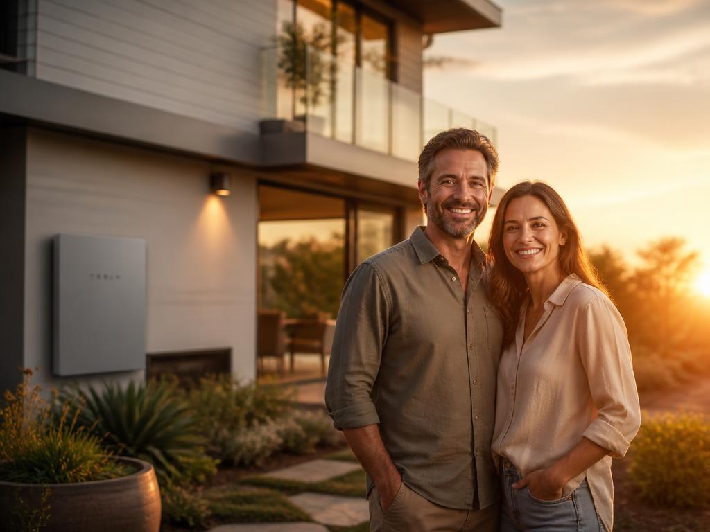 Couple souriant devant sa maison contemporaine au coucher du soleil, batterie domestique discrètement visible
