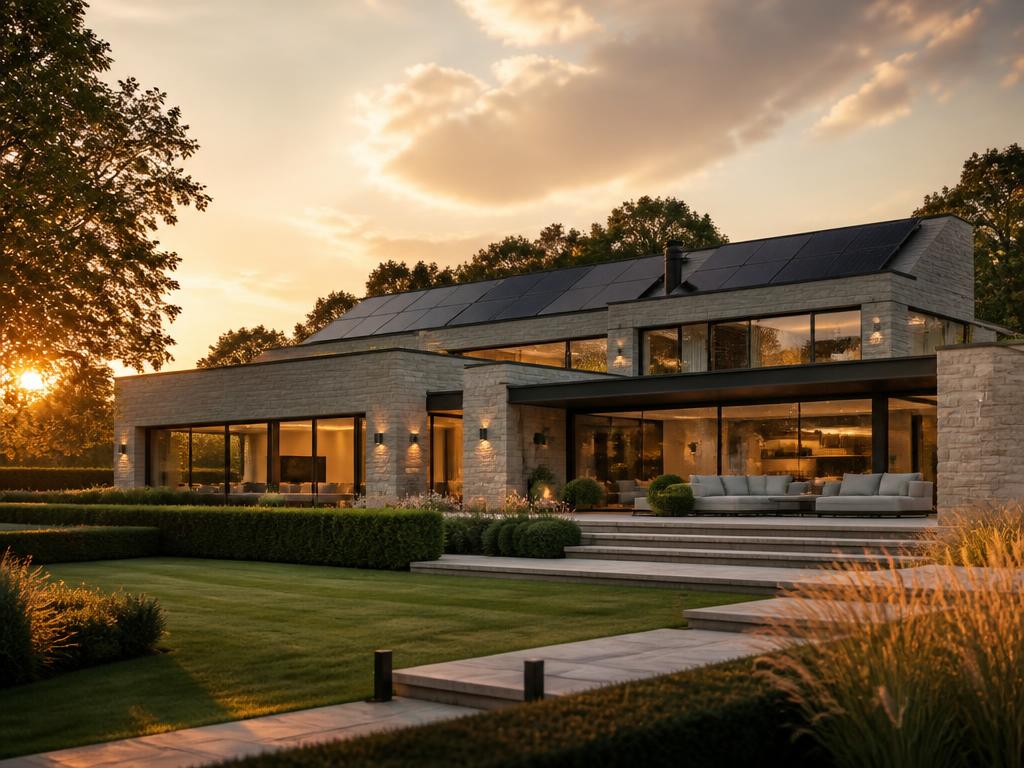 Villa contemporaine élégante avec panneaux photovoltaïques parfaitement intégrés au coucher du soleil