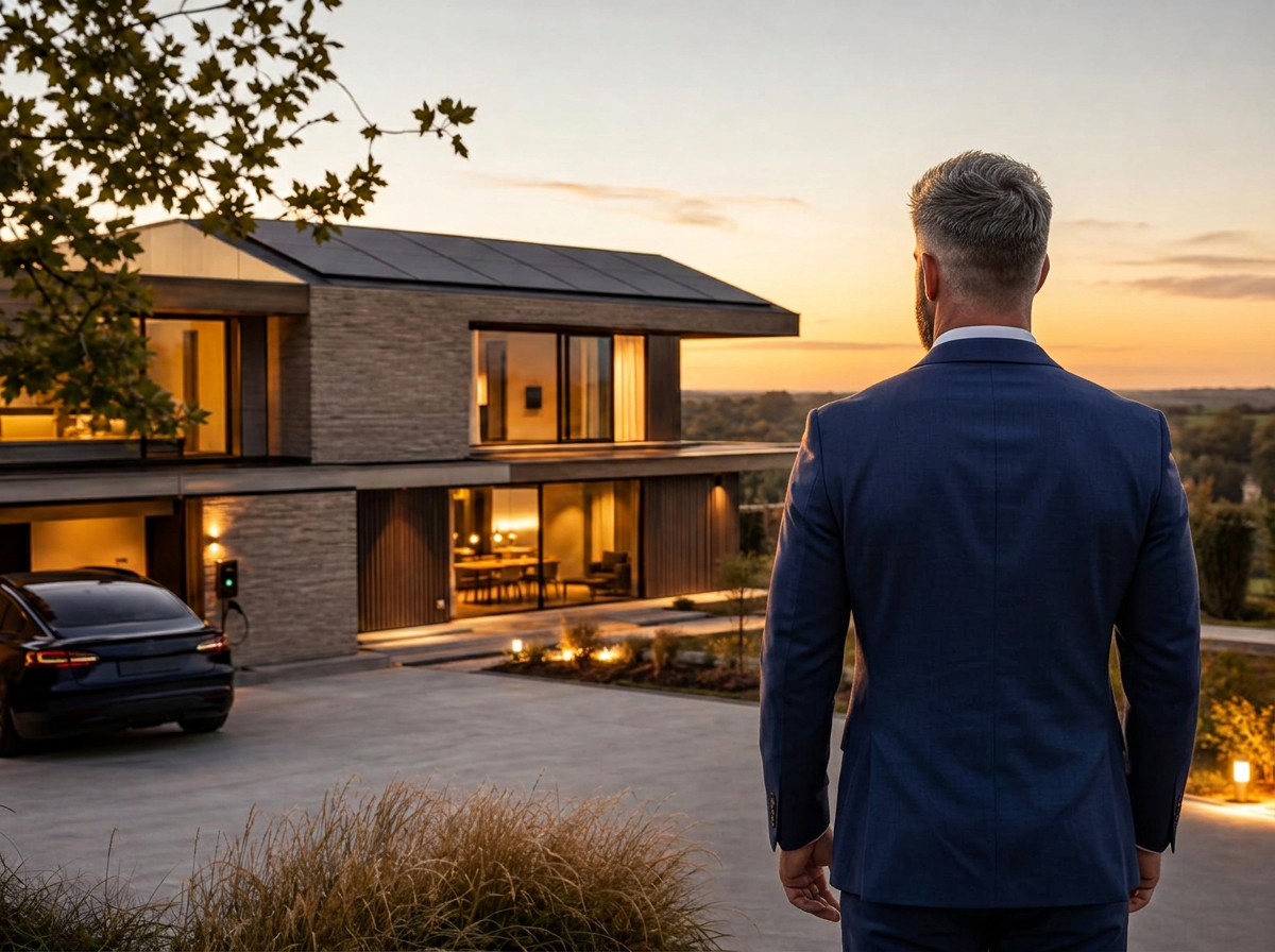 Maison contemporaine avec panneaux photovoltaïques, batterie domestique et borne de recharge au coucher du soleil